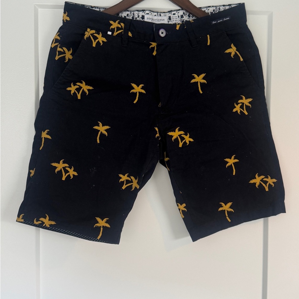Denim & Flower Shorts with Yellow Palm Print